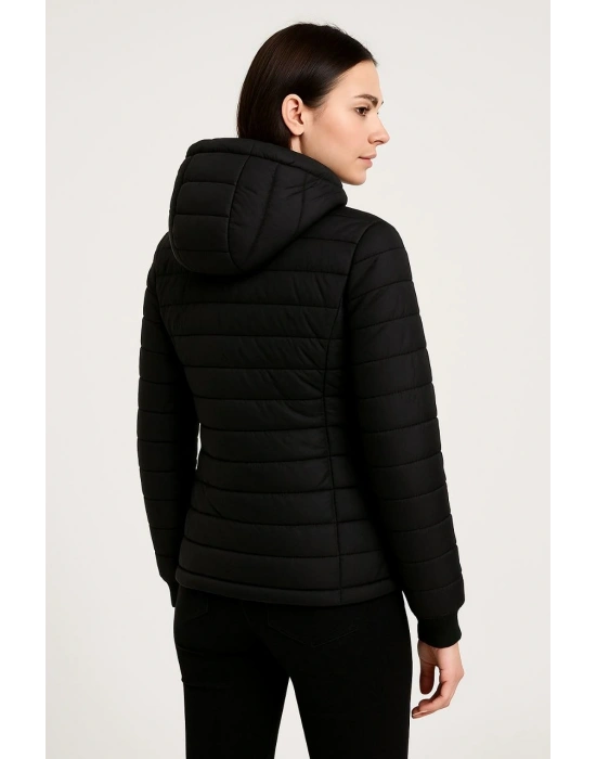 KADIN Şişme Kapüşonlu Fermuarlı Mont Su İtici Kapitone Cepli Ceket - Siyah