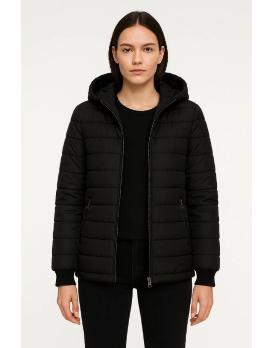 KADIN Şişme Kapüşonlu Fermuarlı Mont Su İtici Kapitone Cepli Ceket - Siyah