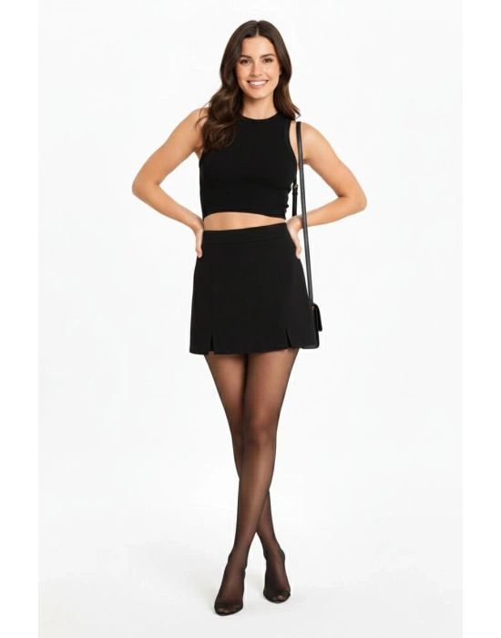 Kadın Siyah Krep Şortlu Etek Mini Boy Yüksel Bel Yırtmaç Detaylı - Siyah