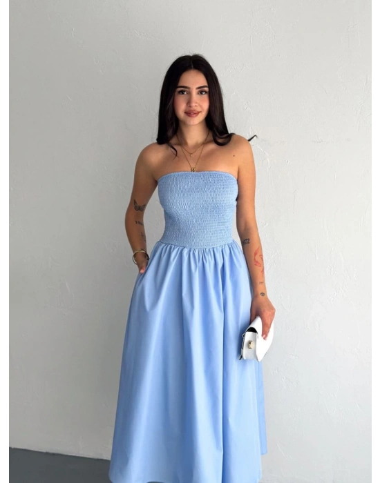 Kadın Straplez Pileli Elbise - Açık Mavi