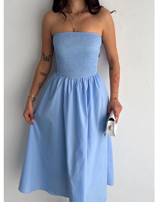 Kadın Straplez Pileli Elbise - Açık Mavi