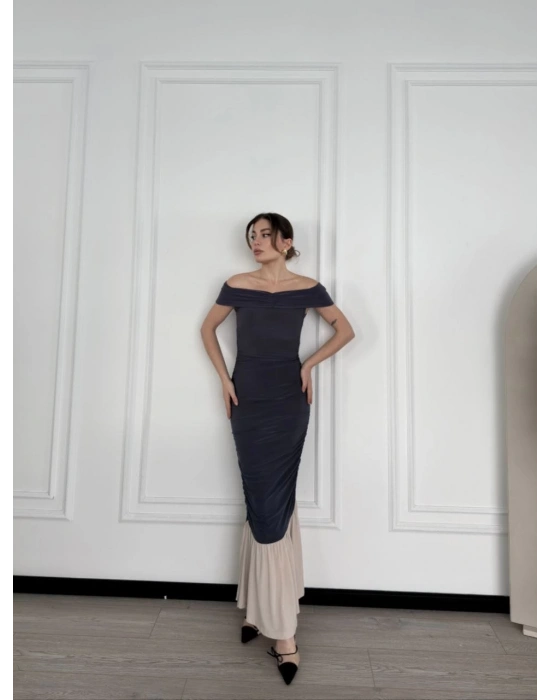 Kadın Striptiz Omuzlu Uzun Elbise- Füme