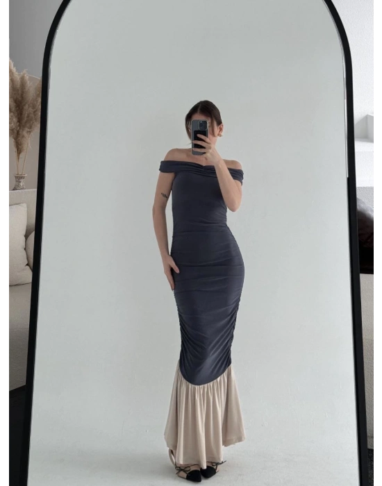 Kadın Striptiz Omuzlu Uzun Elbise- Füme