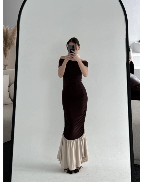 Kadın Striptiz Omuzlu Uzun Elbise - Kahve