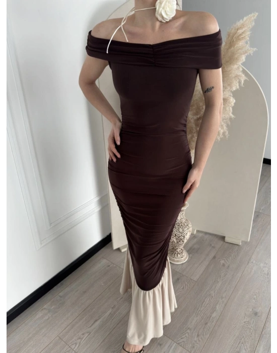 Kadın Striptiz Omuzlu Uzun Elbise - Kahve