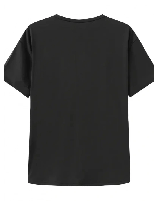 Kadın T-shirt Bisiklet Yaka Oversize Kısa Kollu Tişört - Siyah