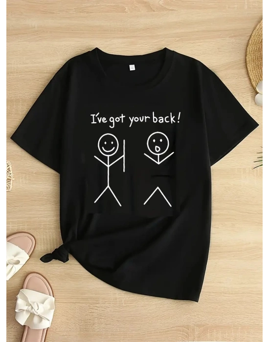Kadın T-Shirt Ive Got Your Back Basklı tişört - Siyah