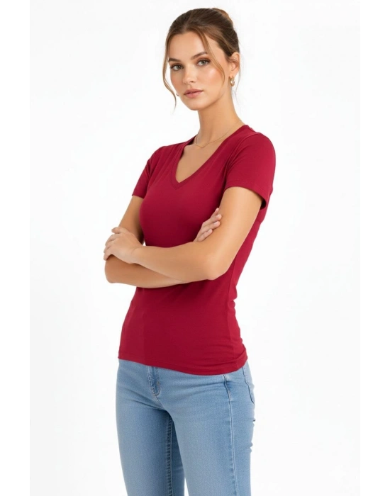 Kadın T-Shirt V Yaka Slim Fit Likralı Tişört Yazlık Basic Body - Kırmızı