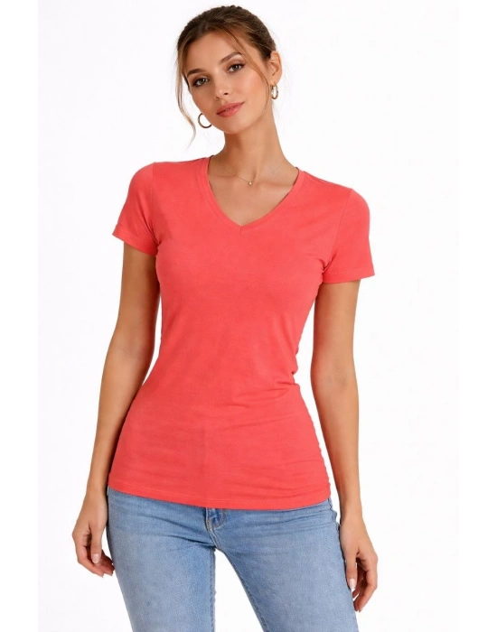 Kadın T-Shirt V Yaka Slim Fit Likralı Tişört Yazlık Basic Body - Nar Çiçeği