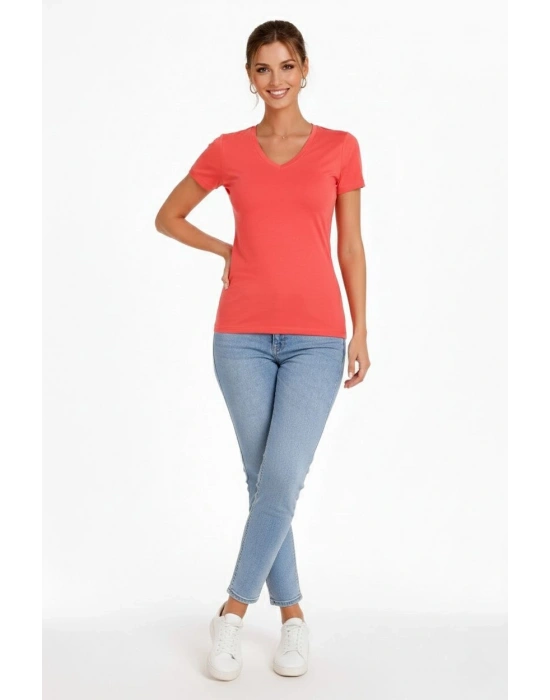 Kadın T-Shirt V Yaka Slim Fit Likralı Tişört Yazlık Basic Body - Nar Çiçeği