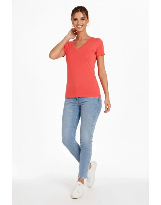 Kadın T-Shirt V Yaka Slim Fit Likralı Tişört Yazlık Basic Body - Nar Çiçeği