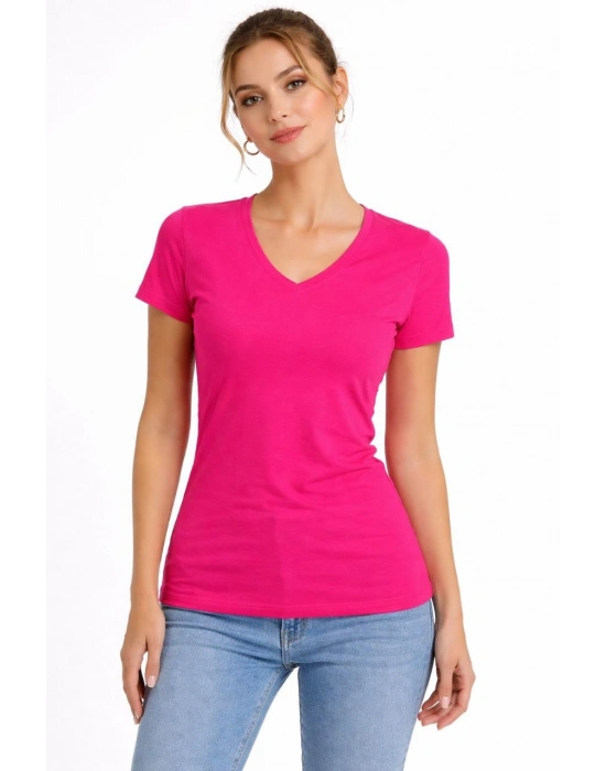 Kadın T-Shirt V Yaka Slim Fit Likralı Tişört Yazlık Basic Body - Pembe