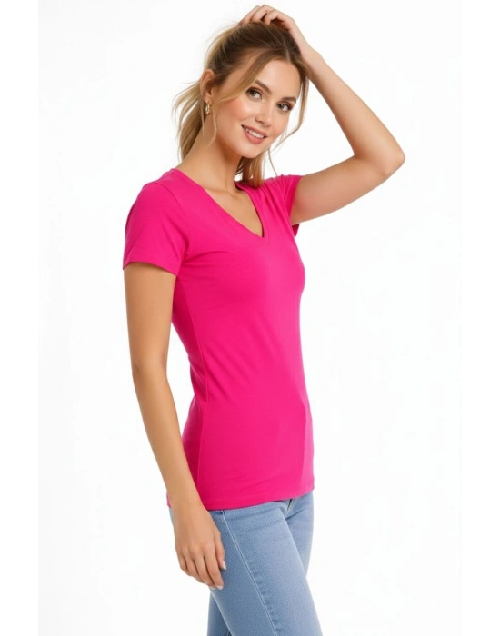 Kadın T-Shirt V Yaka Slim Fit Likralı Tişört Yazlık Basic Body - Pembe