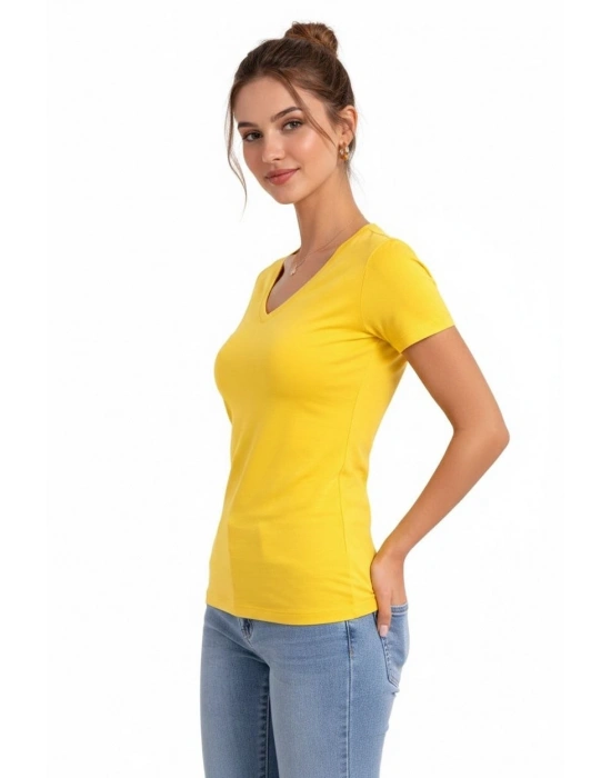 Kadın T-Shirt V Yaka Slim Fit Likralı Tişört Yazlık Basic Body - Sarı