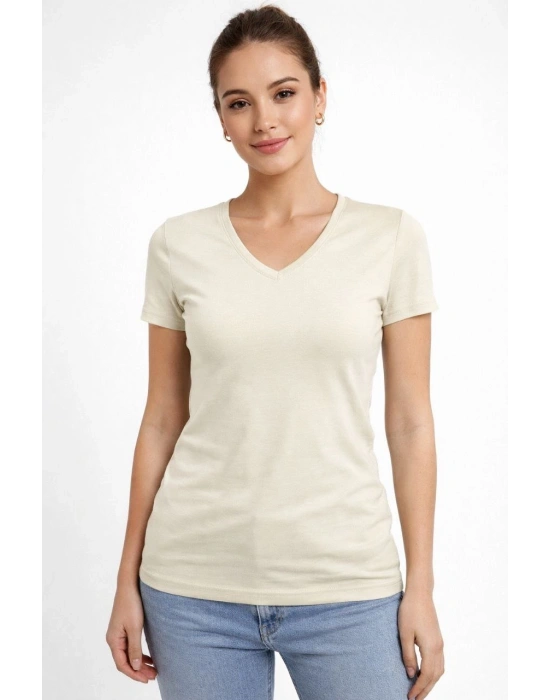 Kadın T-Shirt V Yaka Slim Fit Likralı Tişört Yazlık Basic Body - Taş