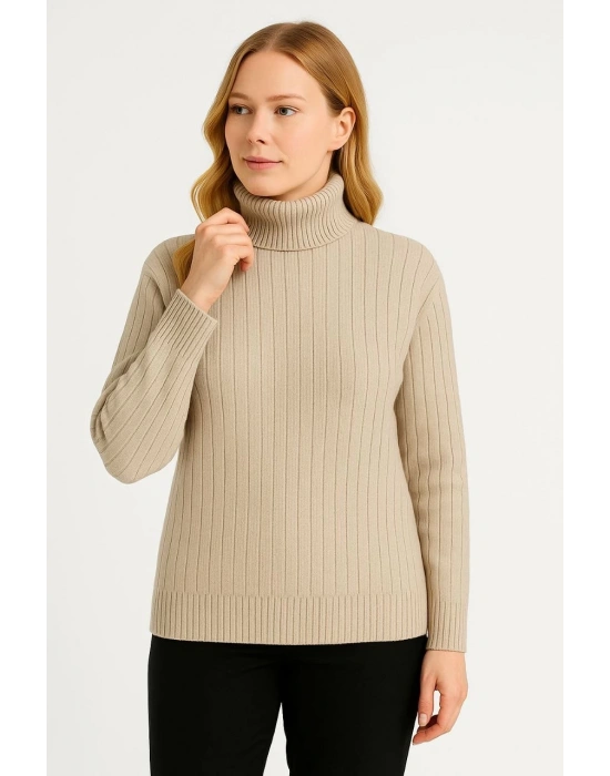 Kadın Tam Boğazlı Balıkçı Yaka Triko Kazak Kalın Fitilli - Bej