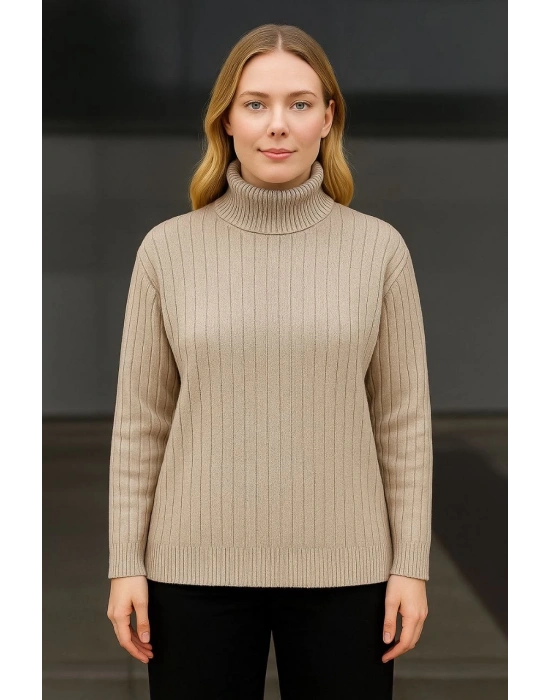 Kadın Tam Boğazlı Balıkçı Yaka Triko Kazak Kalın Fitilli - Bej