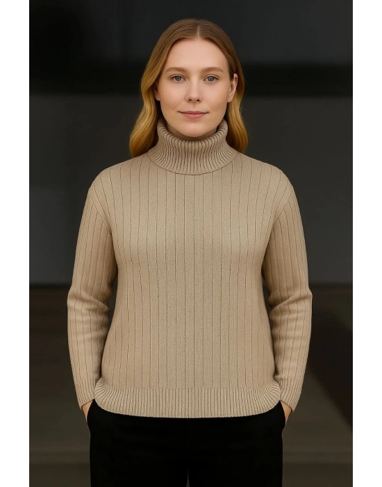 Kadın Tam Boğazlı Balıkçı Yaka Triko Kazak Kalın Fitilli - Bej