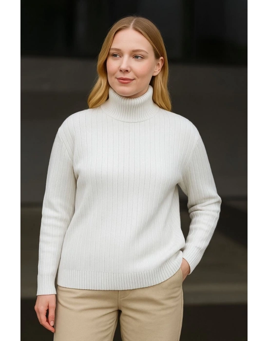 Kadın Tam Boğazlı Balıkçı Yaka Triko Kazak Kalın Fitilli - Beyaz
