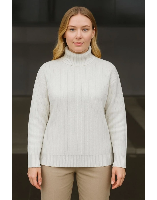Kadın Tam Boğazlı Balıkçı Yaka Triko Kazak Kalın Fitilli - Beyaz