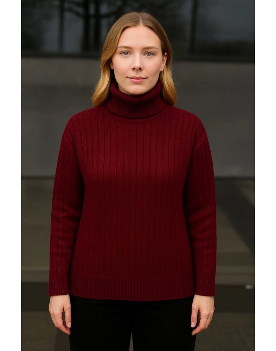 Kadın Tam Boğazlı Balıkçı Yaka Triko Kazak Kalın Fitilli - Bordo