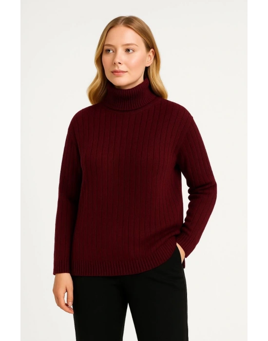 Kadın Tam Boğazlı Balıkçı Yaka Triko Kazak Kalın Fitilli - Bordo
