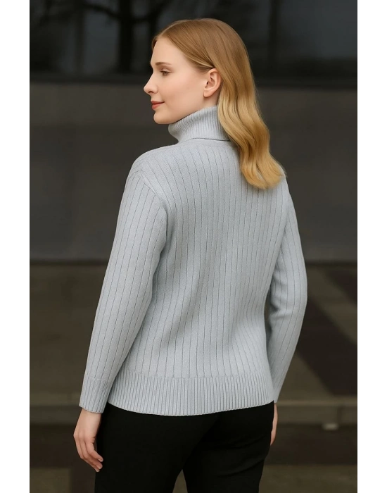 Kadın Tam Boğazlı Balıkçı Yaka Triko Kazak Kalın Fitilli - Gri