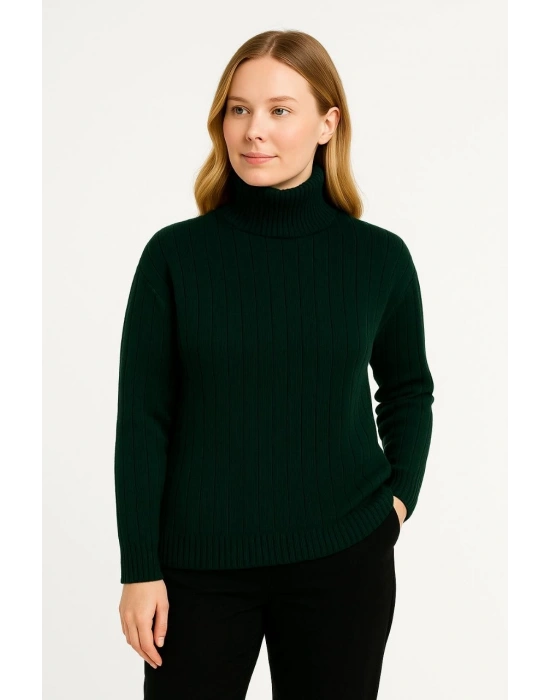 Kadın Tam Boğazlı Balıkçı Yaka Triko Kazak Kalın Fitilli - Haki