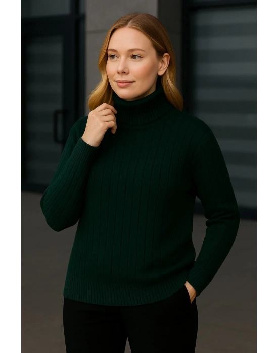 Kadın Tam Boğazlı Balıkçı Yaka Triko Kazak Kalın Fitilli - Haki