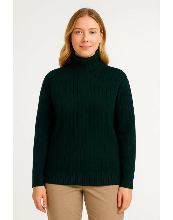 Kadın Tam Boğazlı Balıkçı Yaka Triko Kazak Kalın Fitilli - Haki