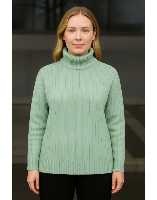 Kadın Tam Boğazlı Balıkçı Yaka Triko Kazak Kalın Fitilli - Mint Yeşili