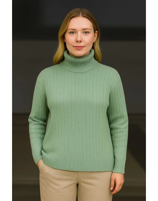 Kadın Tam Boğazlı Balıkçı Yaka Triko Kazak Kalın Fitilli - Mint Yeşili