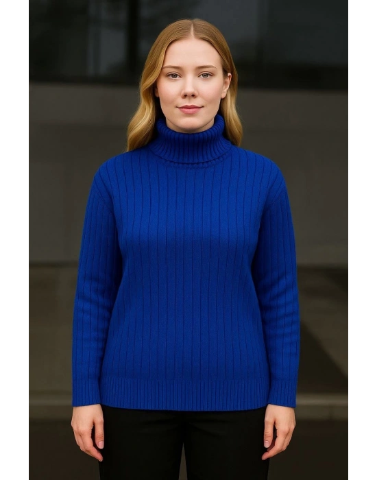 Kadın Tam Boğazlı Balıkçı Yaka Triko Kazak Kalın Fitilli - Saks Mavisi