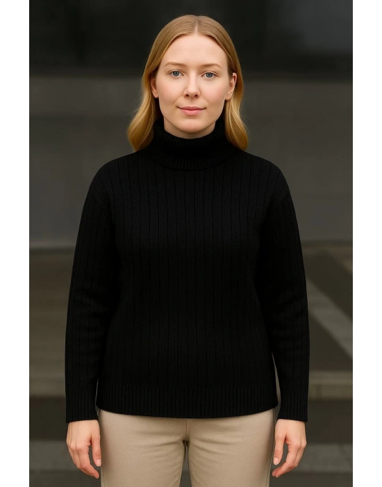 Kadın Tam Boğazlı Balıkçı Yaka Triko Kazak Kalın Fitilli - Siyah
