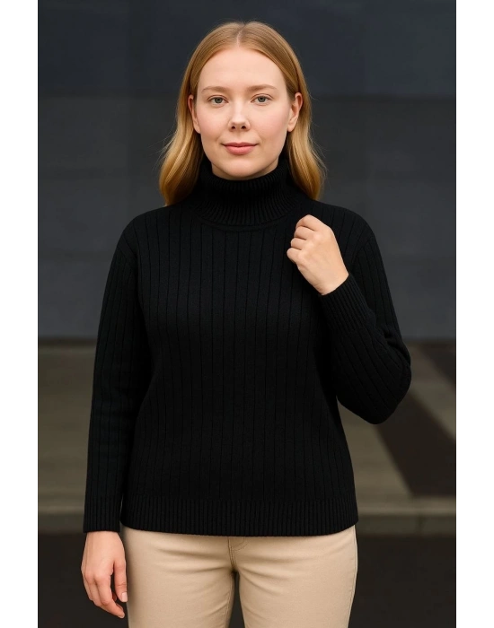 Kadın Tam Boğazlı Balıkçı Yaka Triko Kazak Kalın Fitilli - Siyah