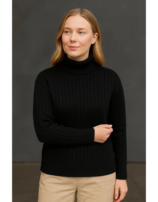 Kadın Tam Boğazlı Balıkçı Yaka Triko Kazak Kalın Fitilli - Siyah