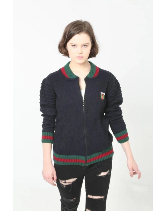 Kadın Tam Fermuarlı Triko Hırka - Lacivert