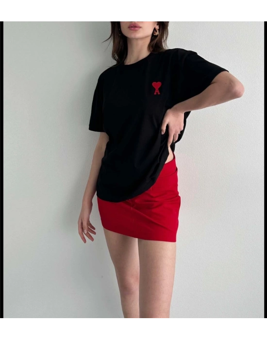 Kadın Tişört Bisiklet Yaka Baskılı Oversize Kısa Kol T-Shirt - Siyah