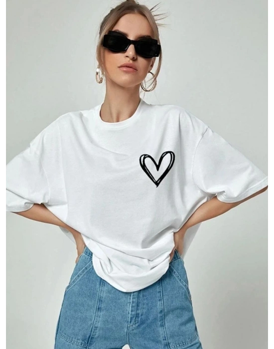 Kadın Tişört Bisiklet Yaka Baskılı Oversize T-Shirt - Beyaz