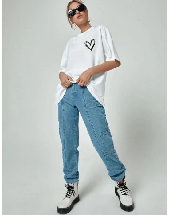 Kadın Tişört Bisiklet Yaka Baskılı Oversize T-Shirt - Beyaz