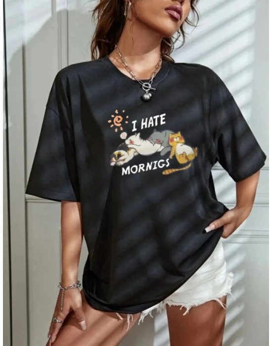 Kadın Tişört Bisiklet Yaka Baskılı Oversize T-Shirt - Siyah