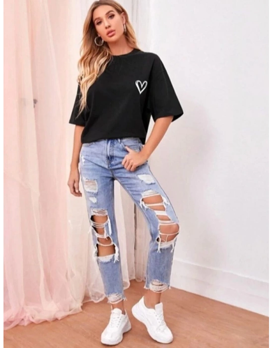 Kadın Tişört Bisiklet Yaka Baskılı Oversize T-Shirt - Siyah