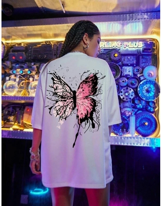 Kadın Tişört Kelebek Baskılı Oversize Kısa Kol T-Shirt - Beyaz