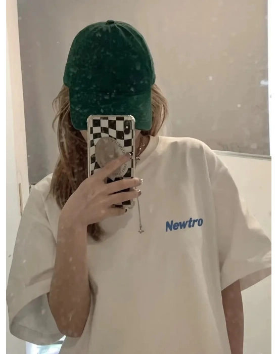 Kadın Tişört Newtro Baskılı Oversize Bisiklet Yaka T-shirt - Beyaz