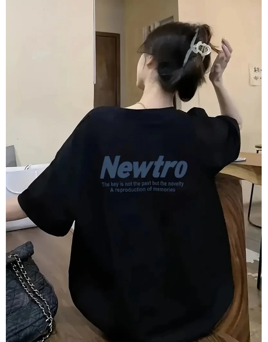 Kadın Tişört Newtro Baskılı Oversize Bisiklet Yaka T-shirt - Siyah