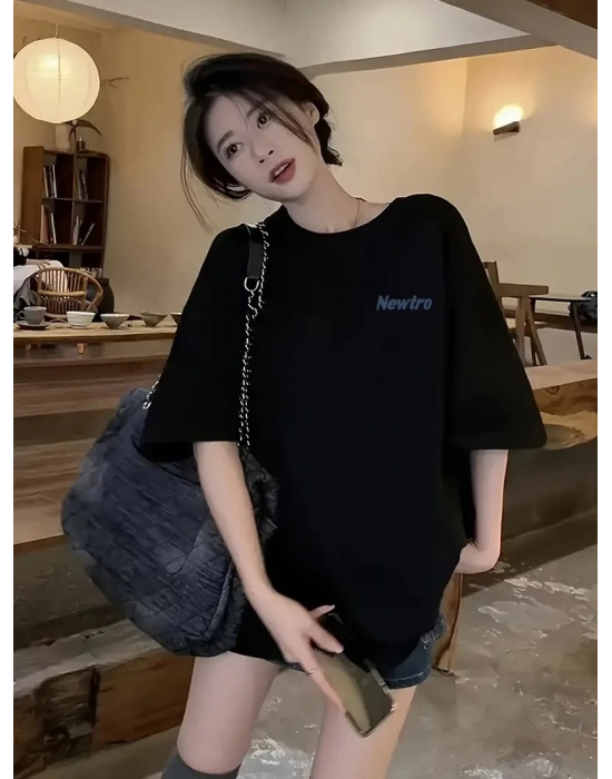 Kadın Tişört Newtro Baskılı Oversize Bisiklet Yaka T-shirt - Siyah
