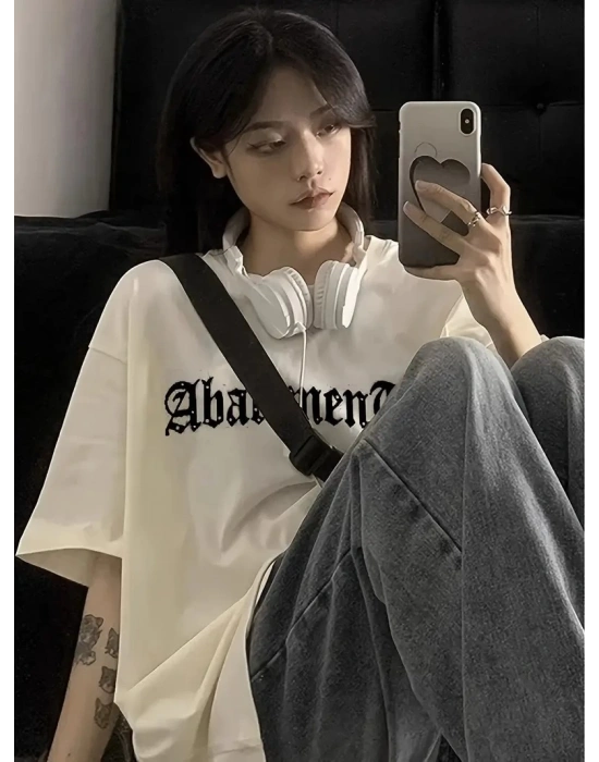 Kadın Tişört Örümcek Baskılı Bisiklet Yaka T-shirt - Beyaz