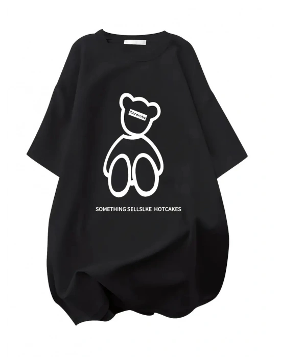 Kadın Tişört Penye Compack Baskılı Oversize Bisiklet Yaka T-shirt - Siyah