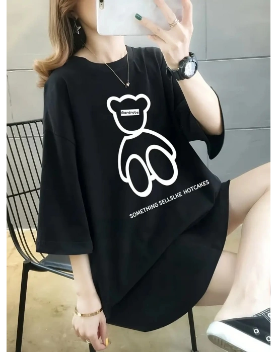 Kadın Tişört Penye Compack Baskılı Oversize Bisiklet Yaka T-shirt - Siyah