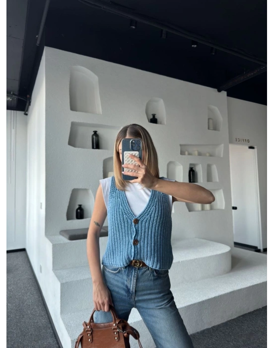 Kadın Triko Kolsuz dokuma Düğmeli Yelek - Mavi